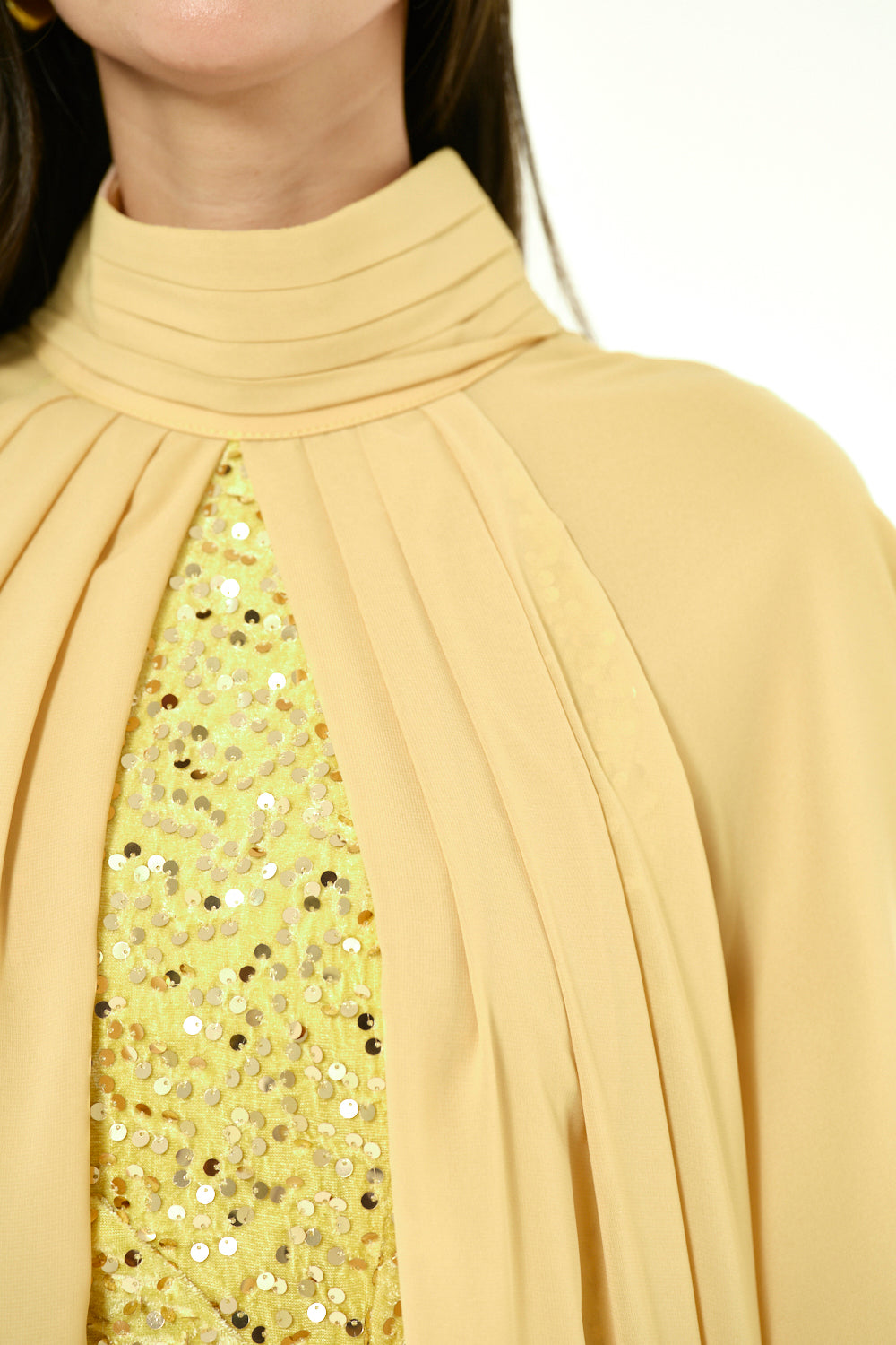 Sequin Column Gown With Sheer Overlay Cape