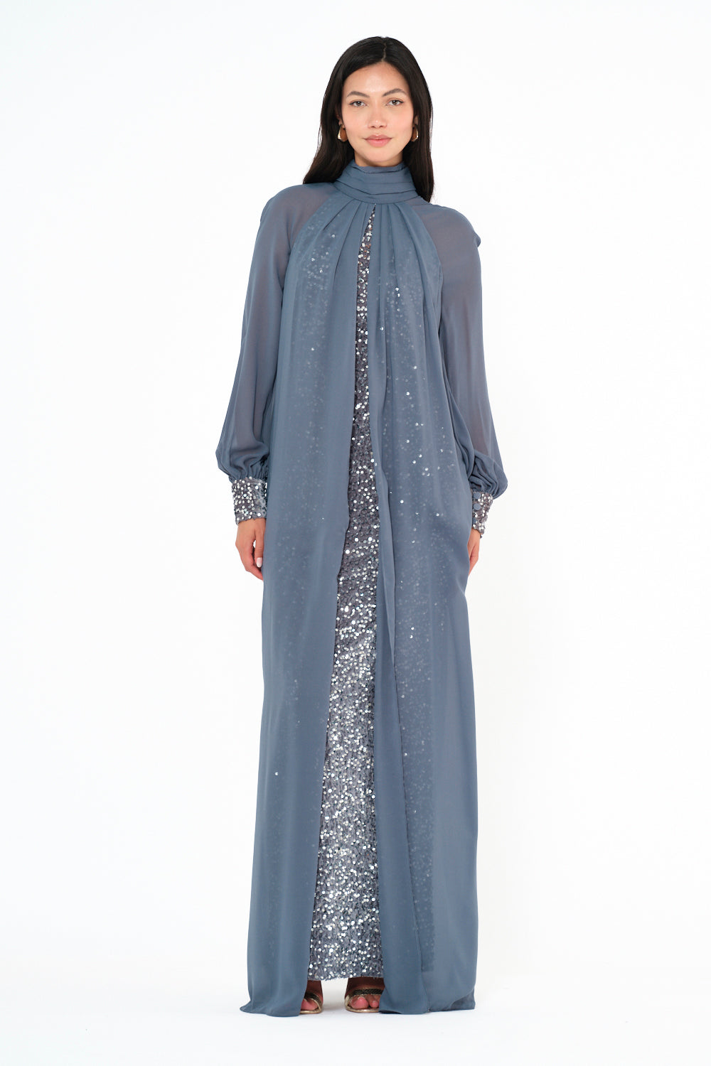 Sequin Column Gown With Sheer Overlay Cape