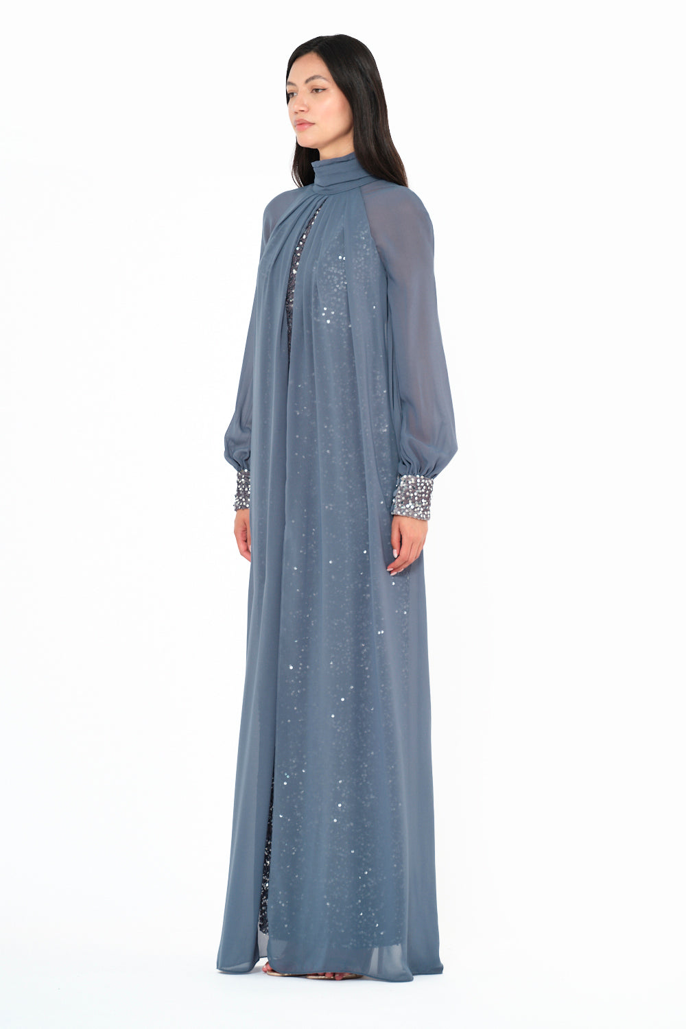 Sequin Column Gown With Sheer Overlay Cape