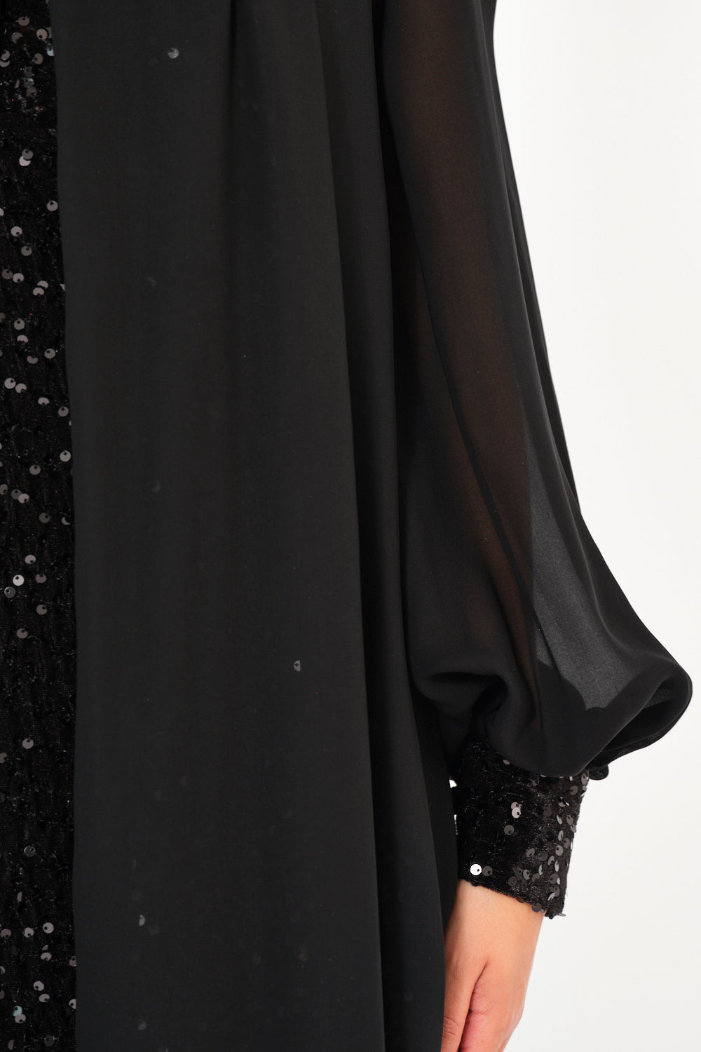 Sequin Column Gown With Sheer Overlay Cape