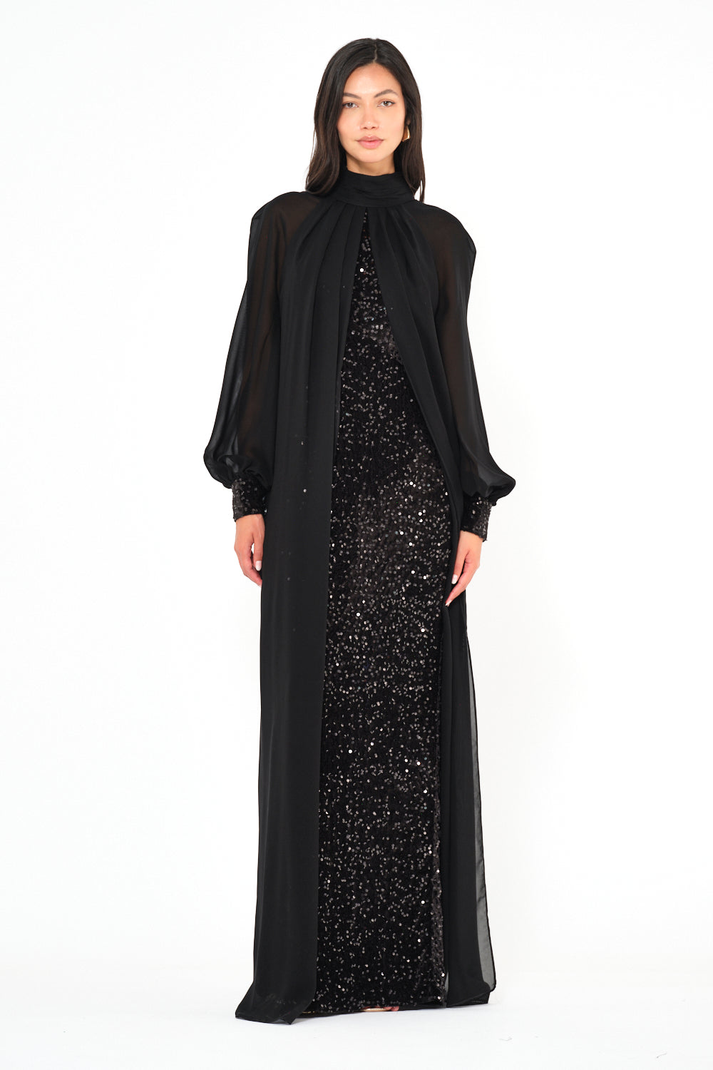 Sequin Column Gown With Sheer Overlay Cape