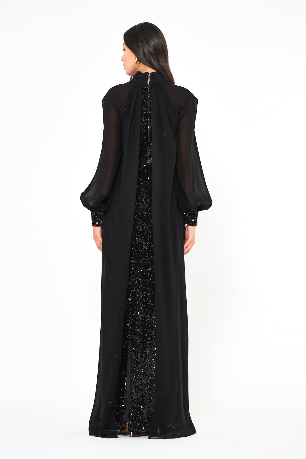 Sequin Column Gown With Sheer Overlay Cape