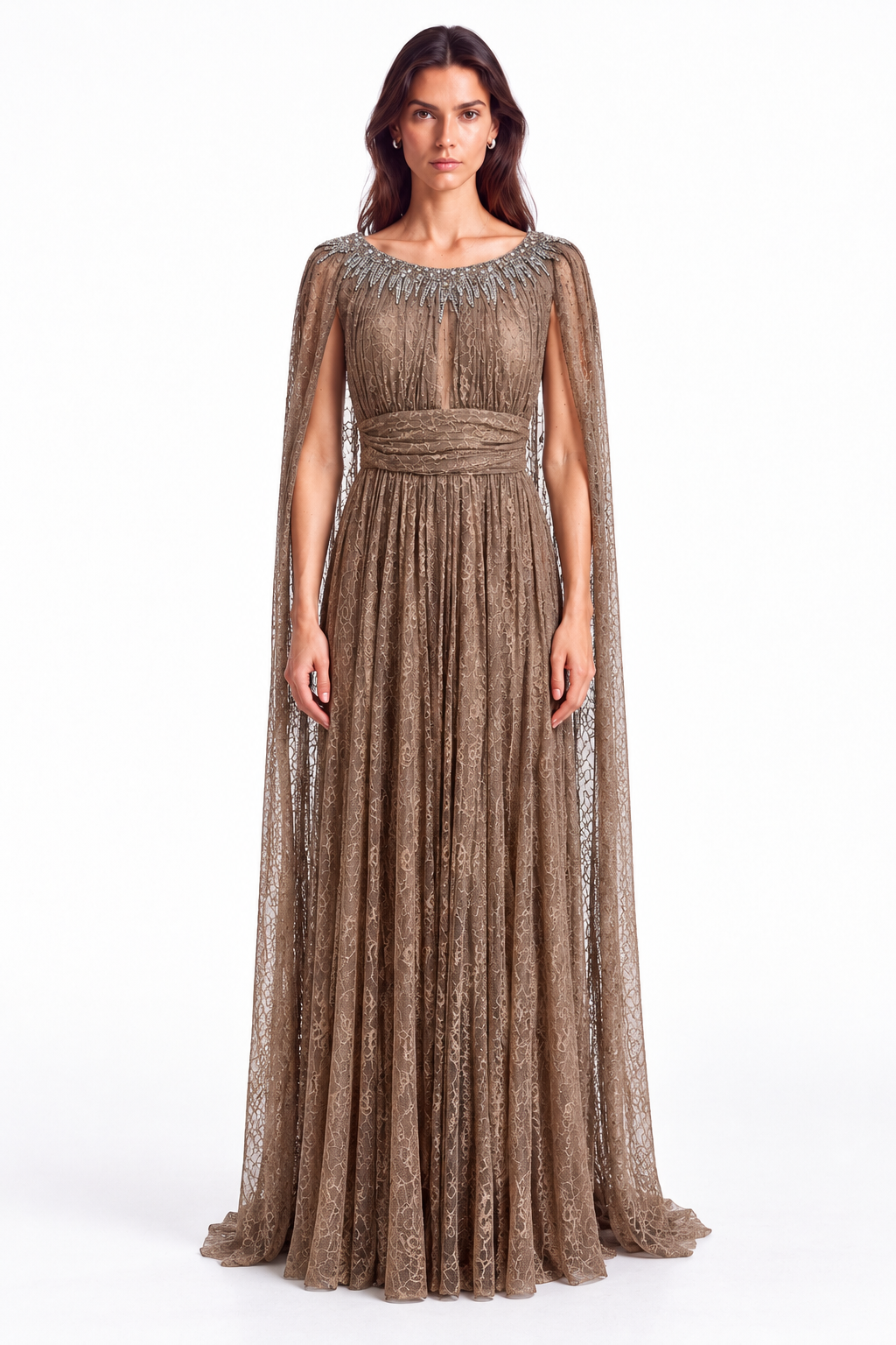 "Nadia" Crystal Cape Lace Gown