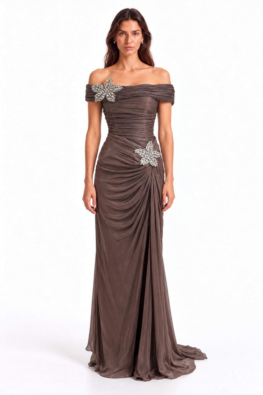 "Mira" Crystal Flower Off-Shoulder Gown