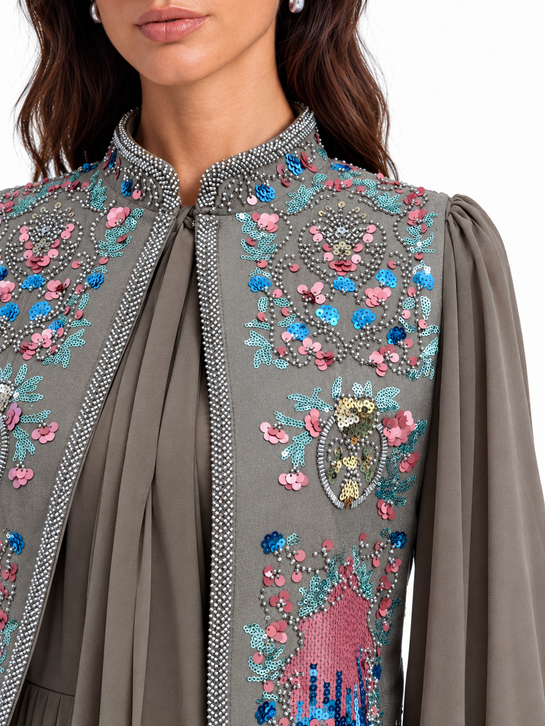 "Nesma" Embroidered Tie-Neck Pleated Dress