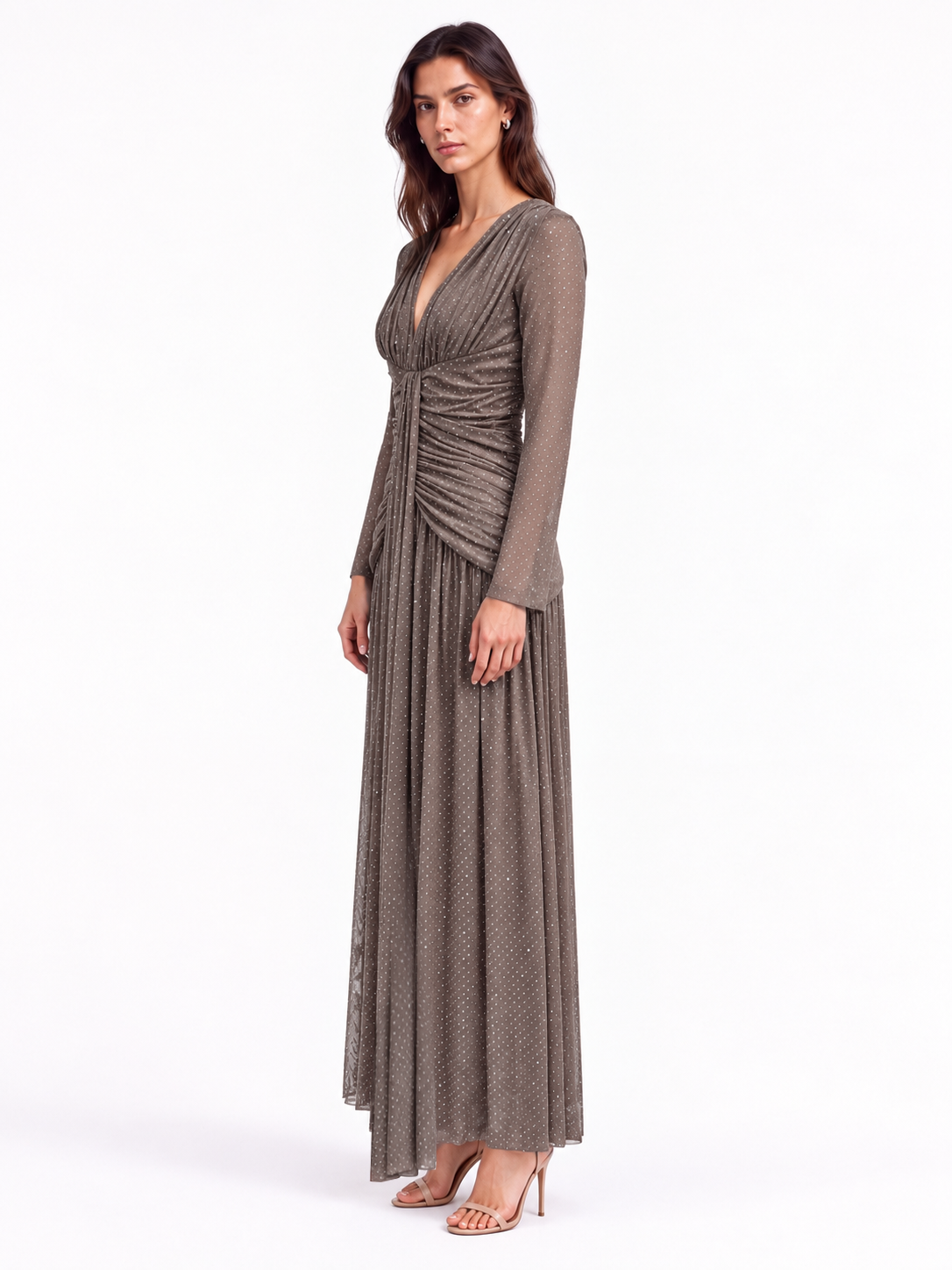 "Nadia" Deep V-Neck Ruched Maxi Dress