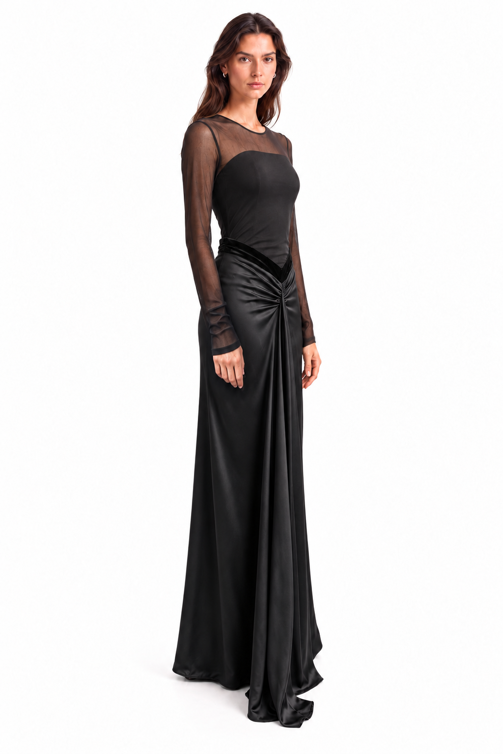 "Talia" Sheer-Sleeve Draped Maxi Gown