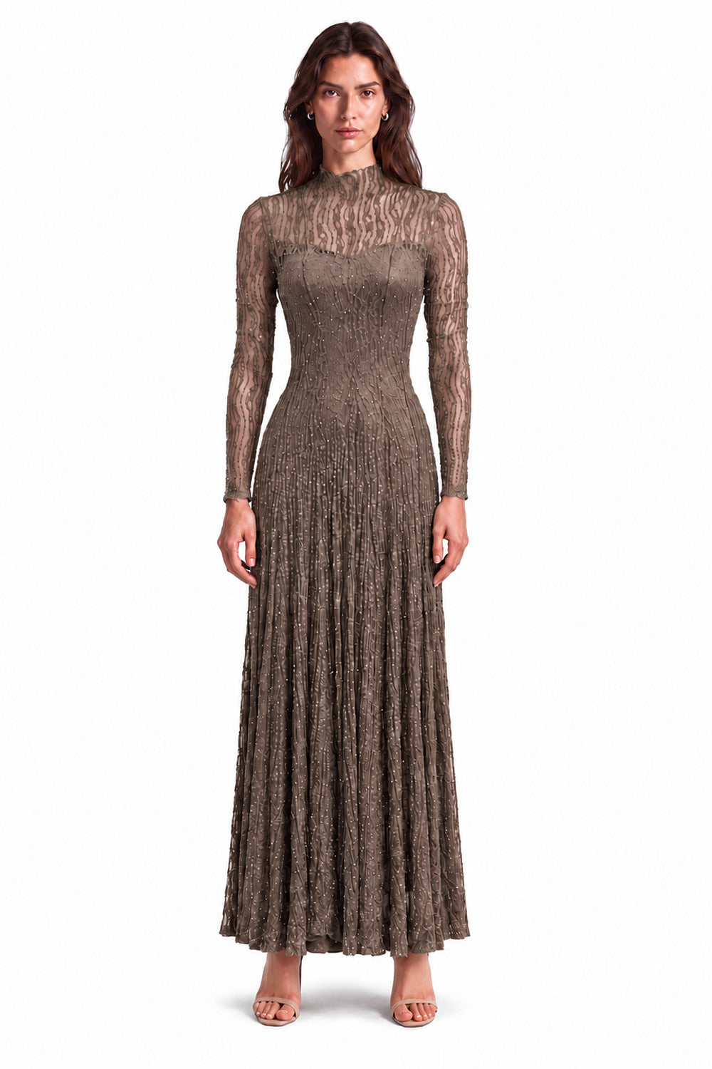 "Elara" High-Neck Beaded Lace Maxi Dress