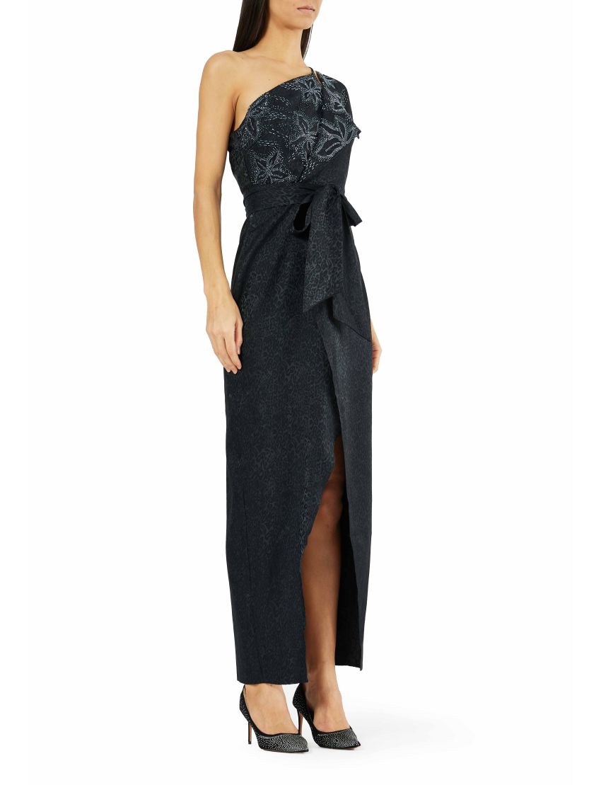 Embellished One-Shoulder Jacquard Wrap Gown