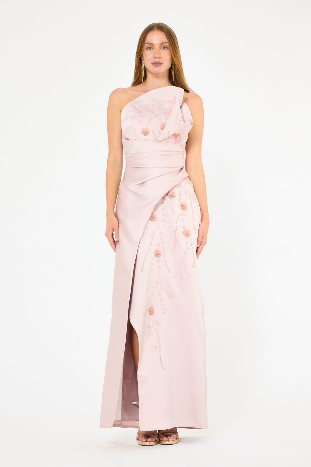 Sculpted One-Shoulder Draped Gown with Floral Crystal Embroidery