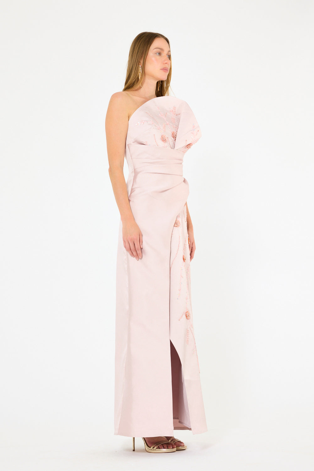 Sculpted One-Shoulder Draped Gown with Floral Crystal Embroidery