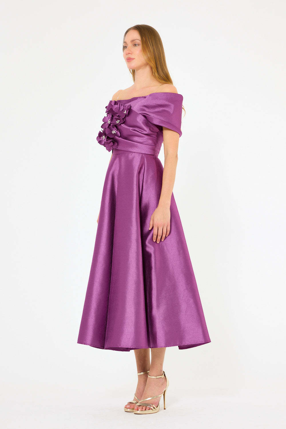 3D Shoulder Bloom Structured Midi Dress