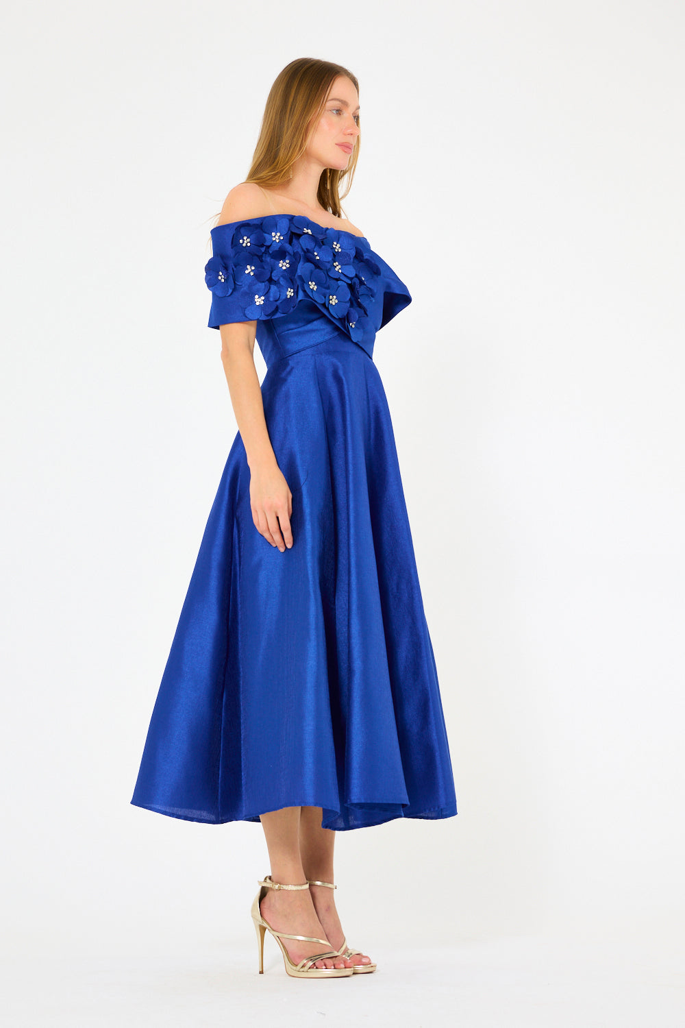 3D Shoulder Bloom Structured Midi Dress