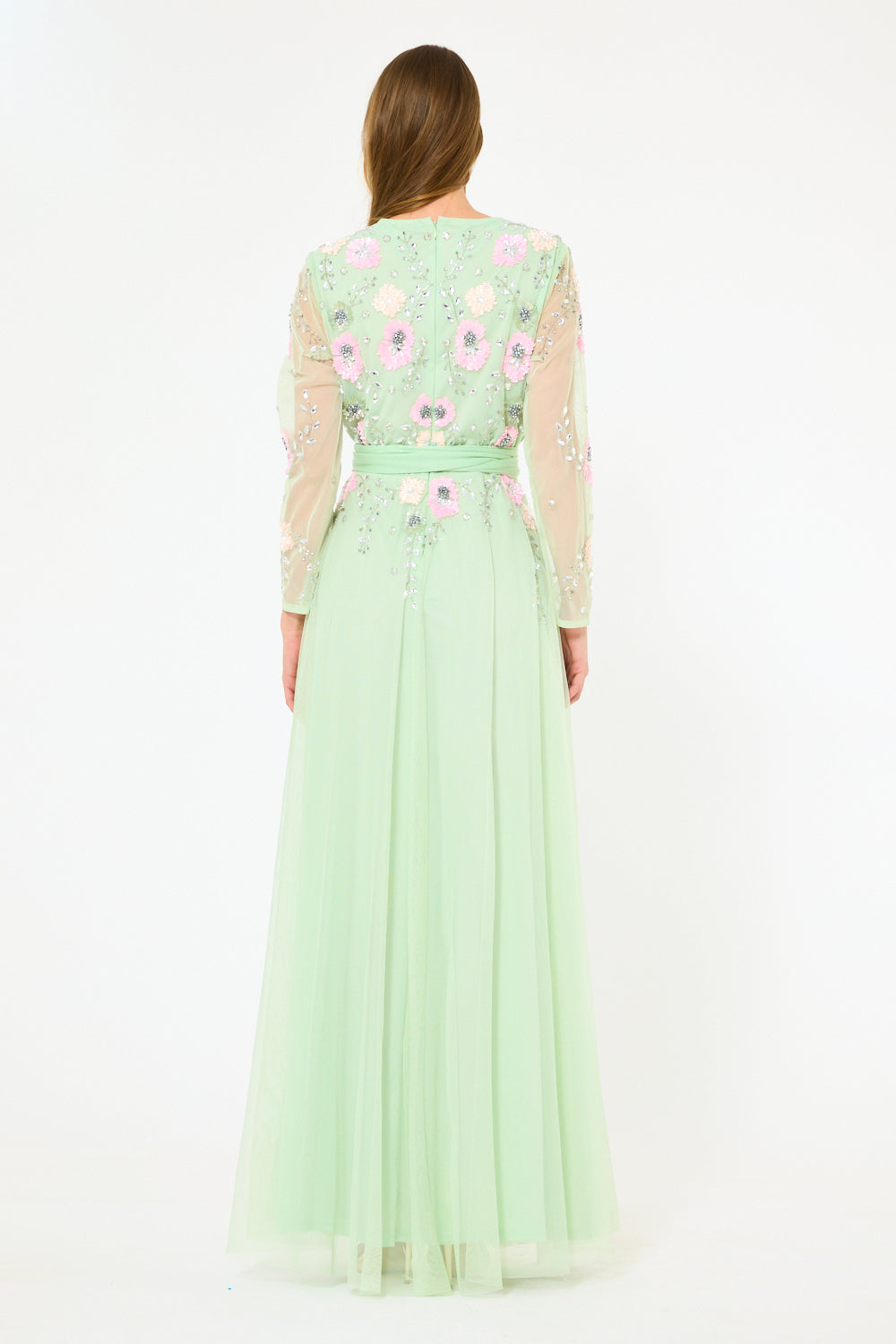 Illusion Sleeve Floral Embroidered Tulle Gown