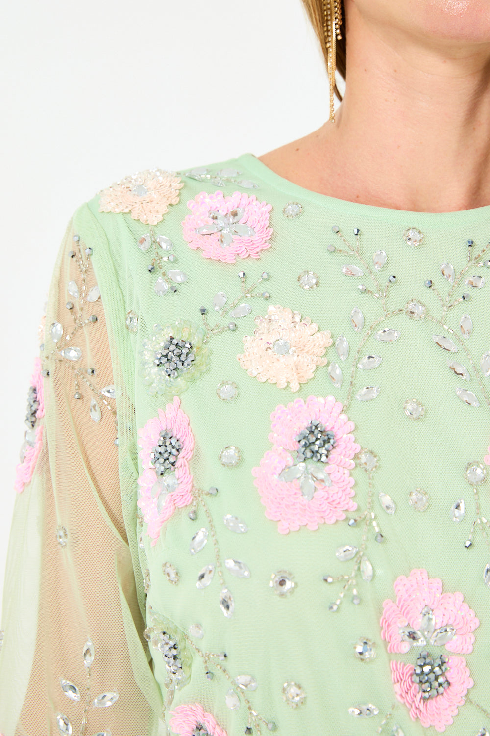 Illusion Sleeve Floral Embroidered Tulle Gown