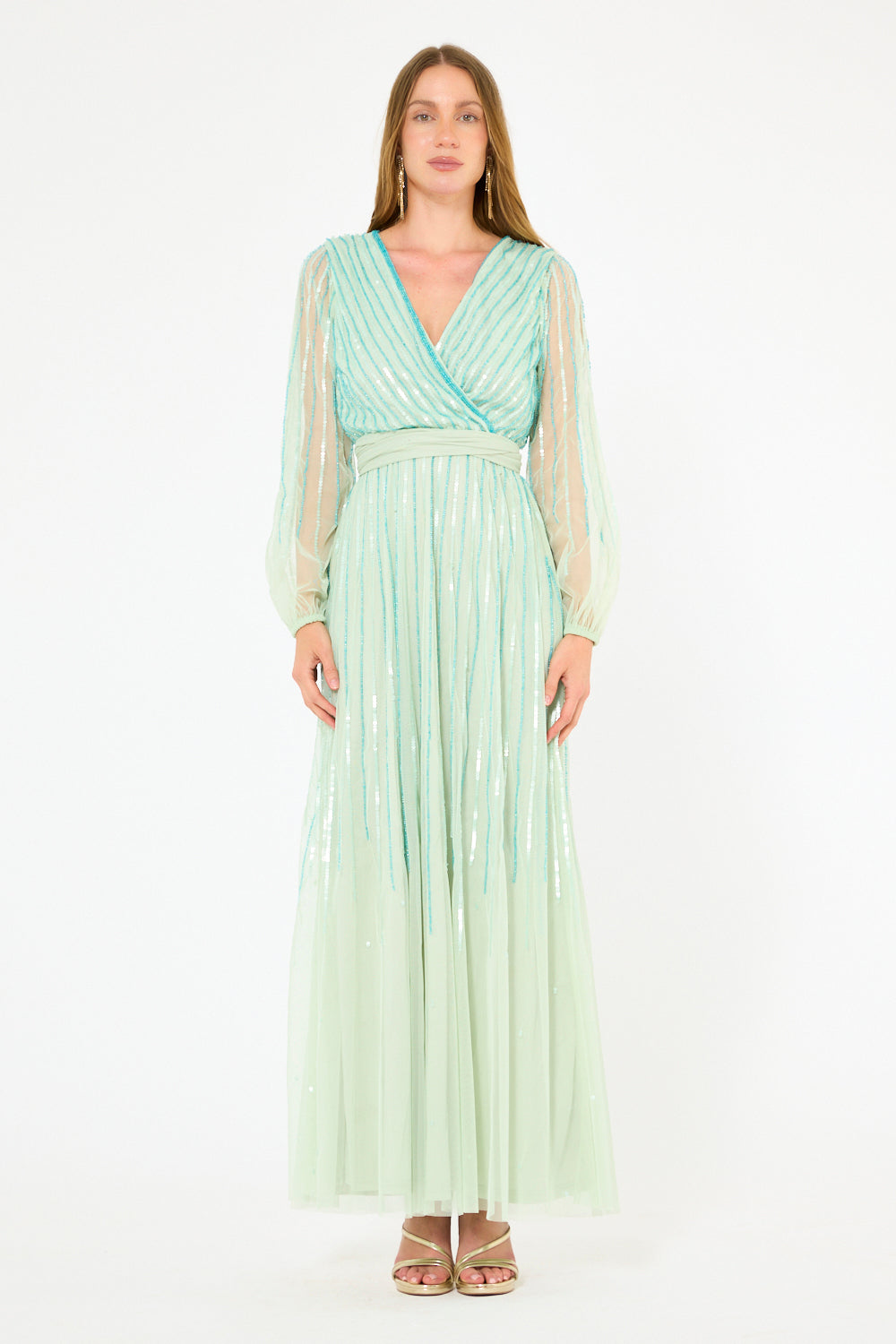Sheer Sleeve Striped Sequin Gown