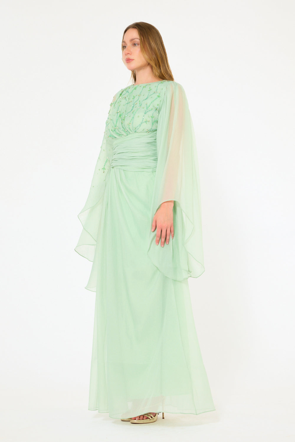 Embellished Sheer Cape Sleeve Maxi Dress