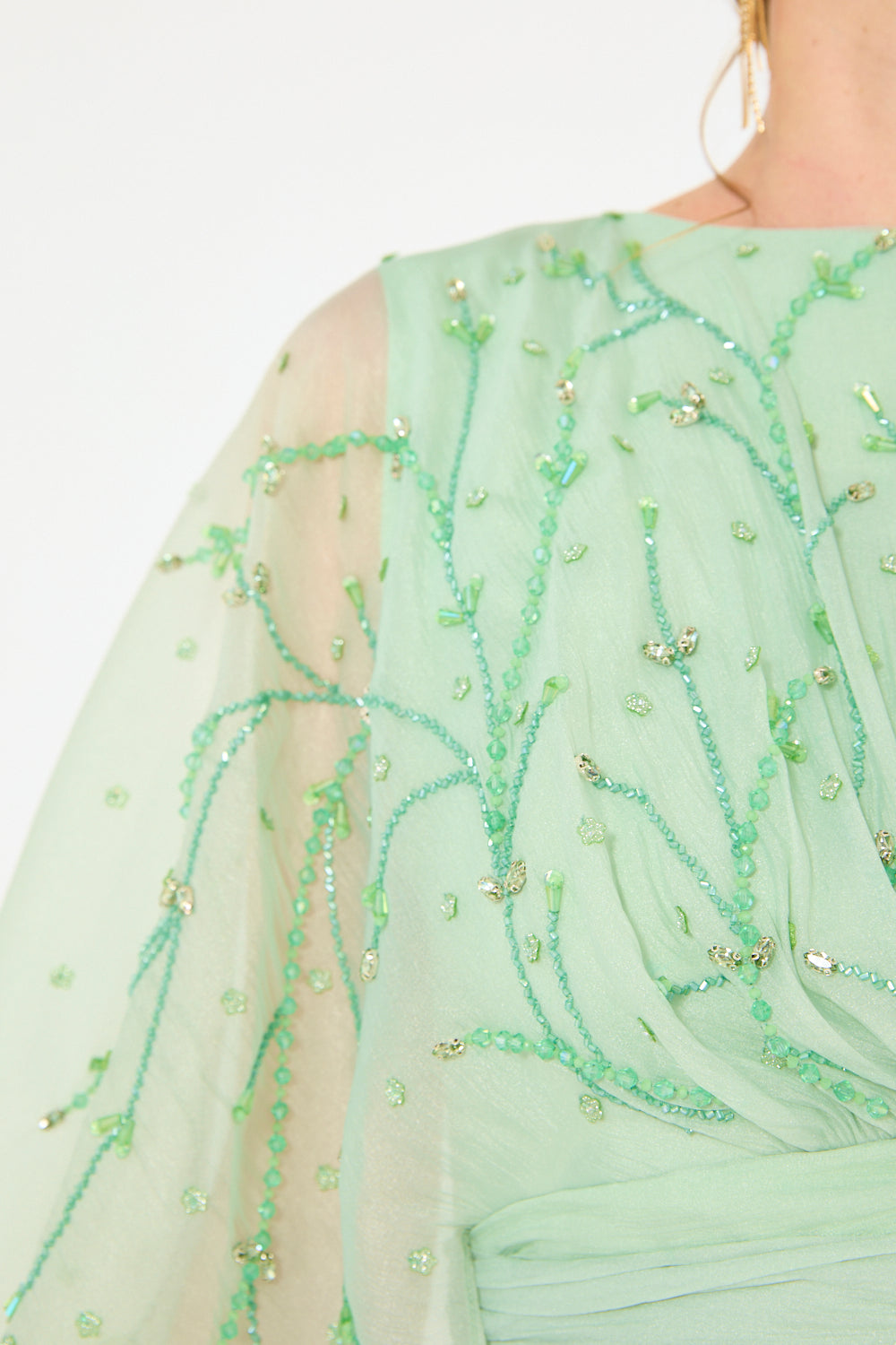 Embellished Sheer Cape Sleeve Maxi Dress