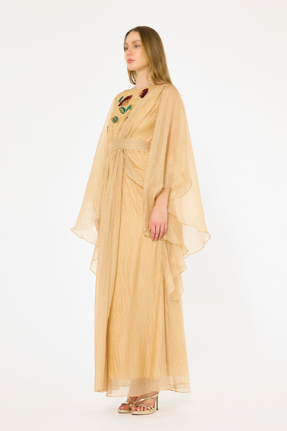 Botanical Embroidered Cape-Sleeve Layered Gown