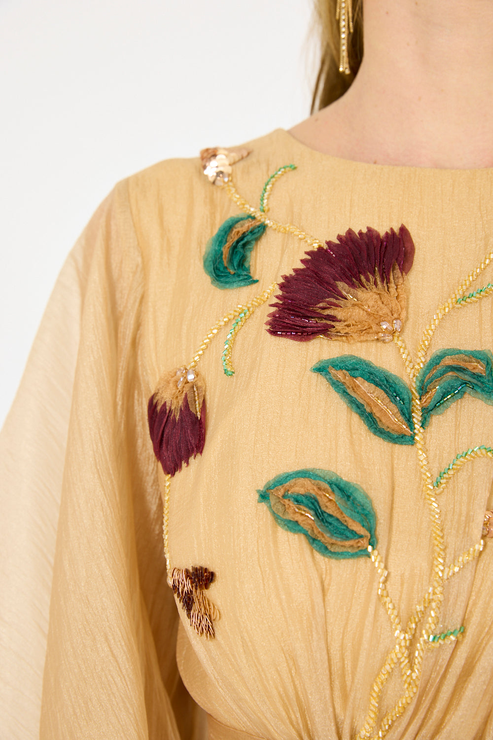 Botanical Embroidered Cape-Sleeve Layered Gown