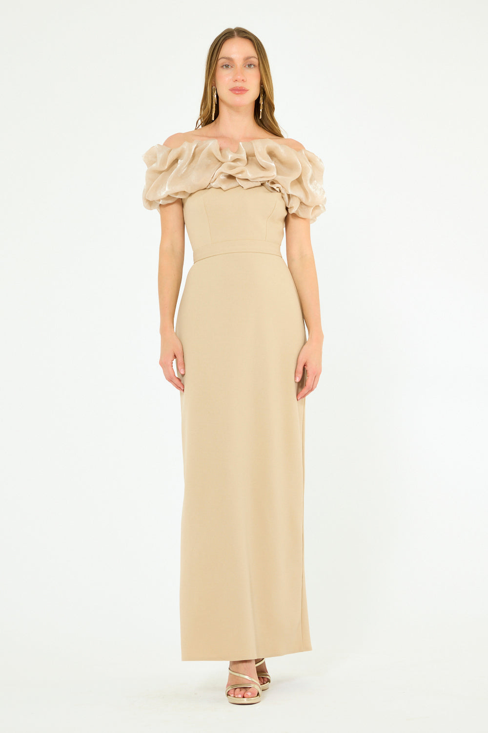 Ruffled Off-Shoulder Column Gown