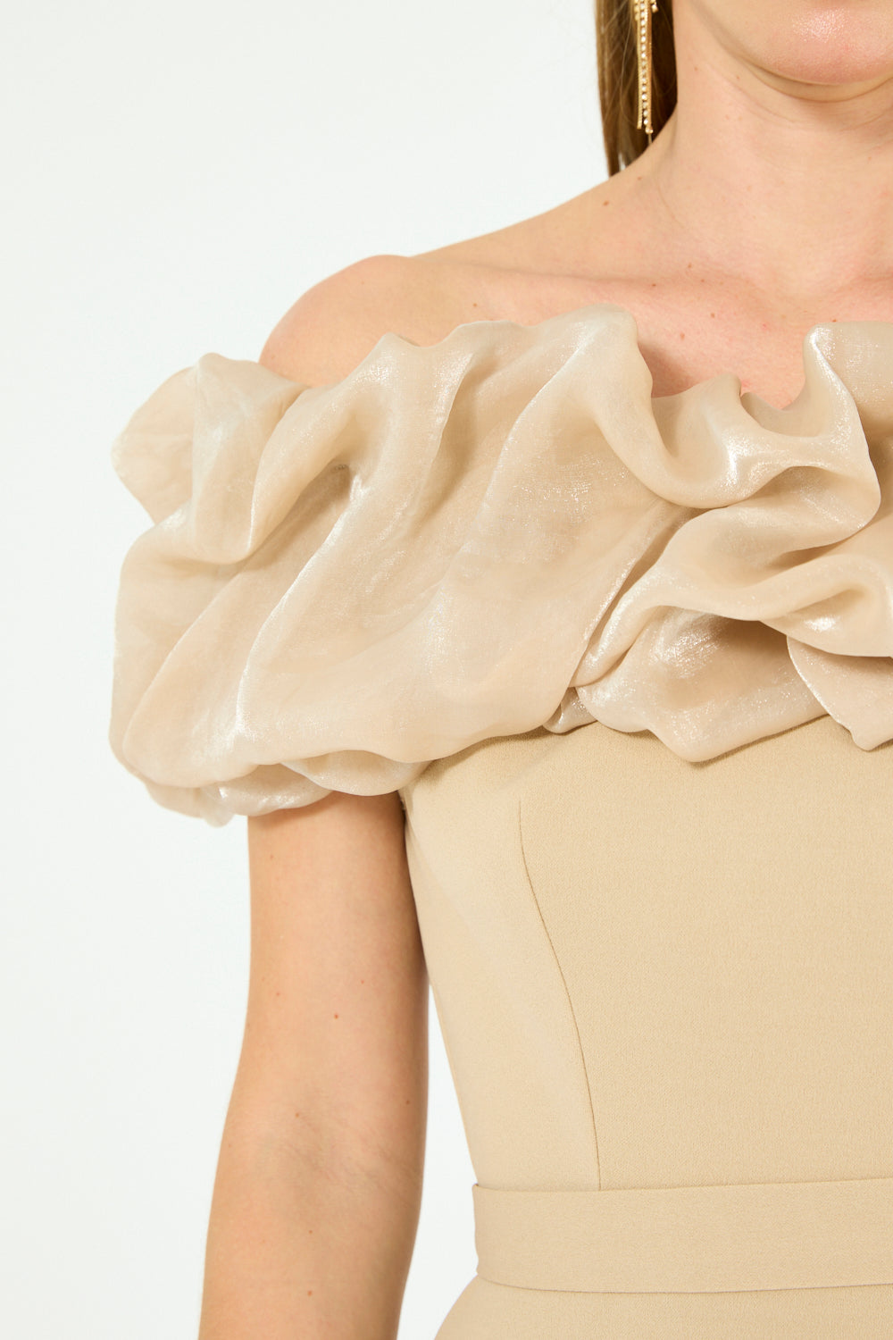 Ruffled Off-Shoulder Column Gown