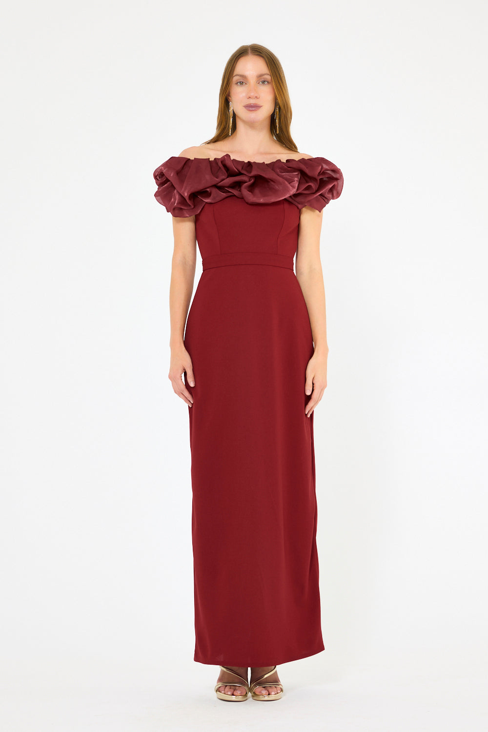 Ruffled Off-Shoulder Column Gown