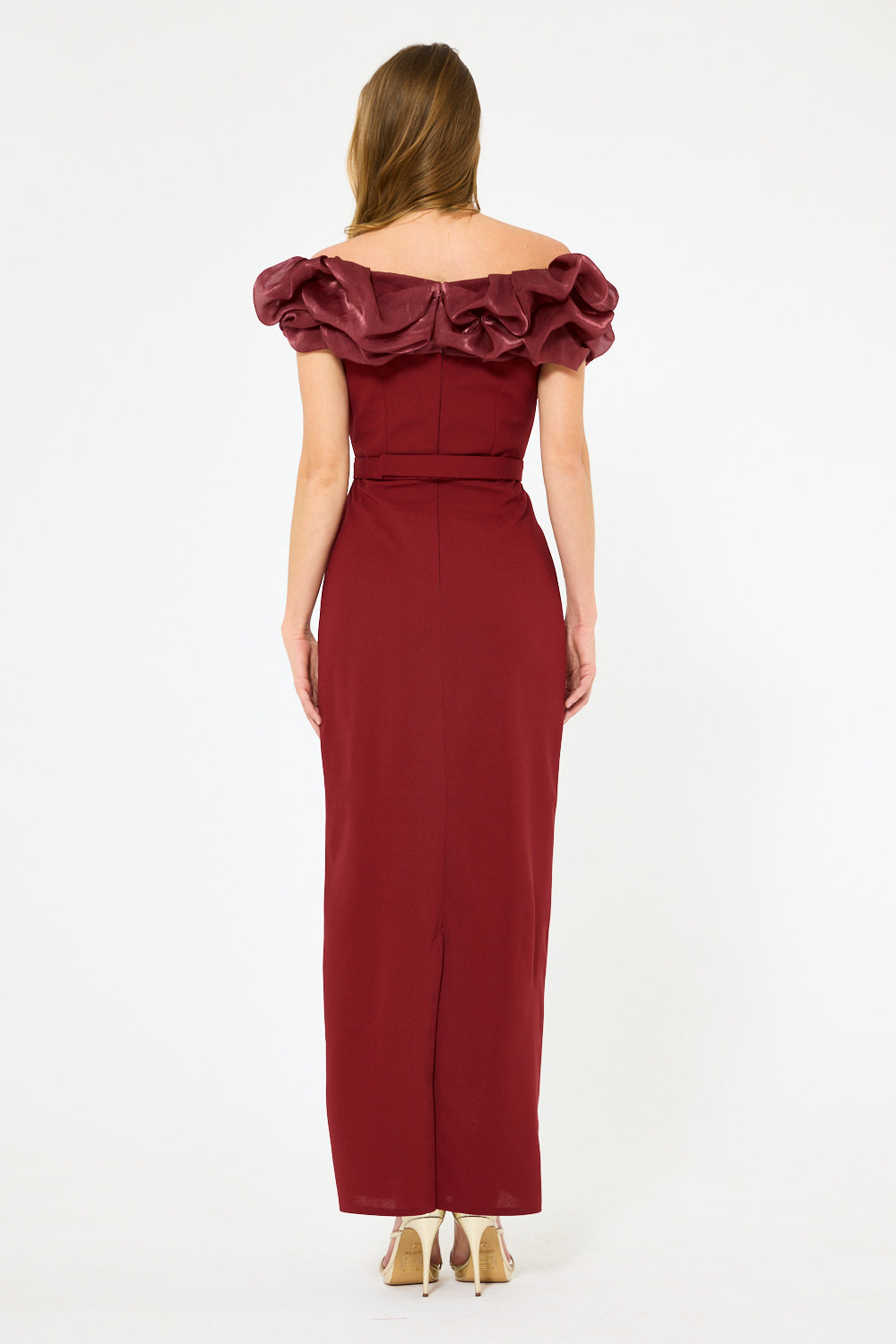 Ruffled Off-Shoulder Column Gown