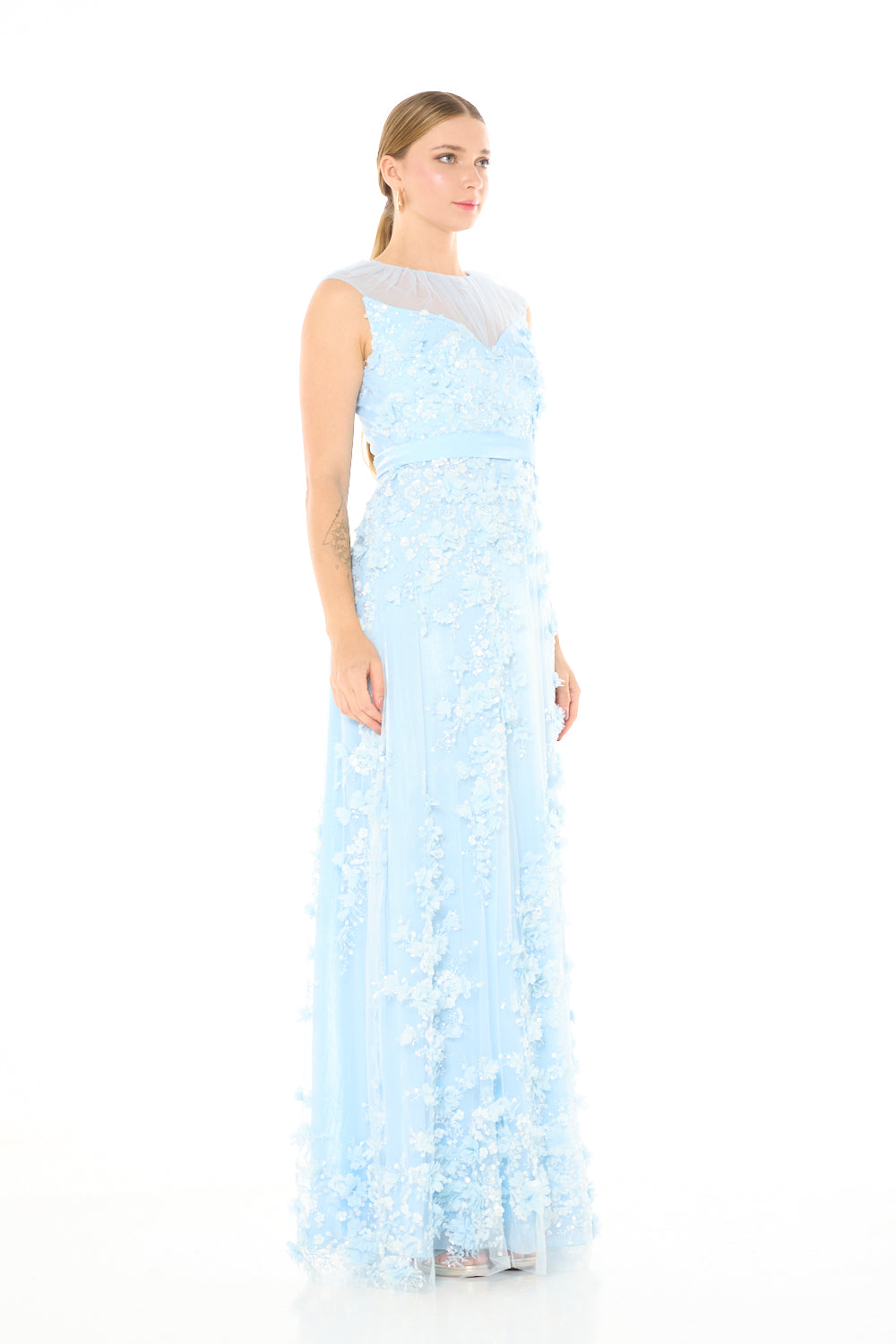 Floral Appliqué Overlay Gown