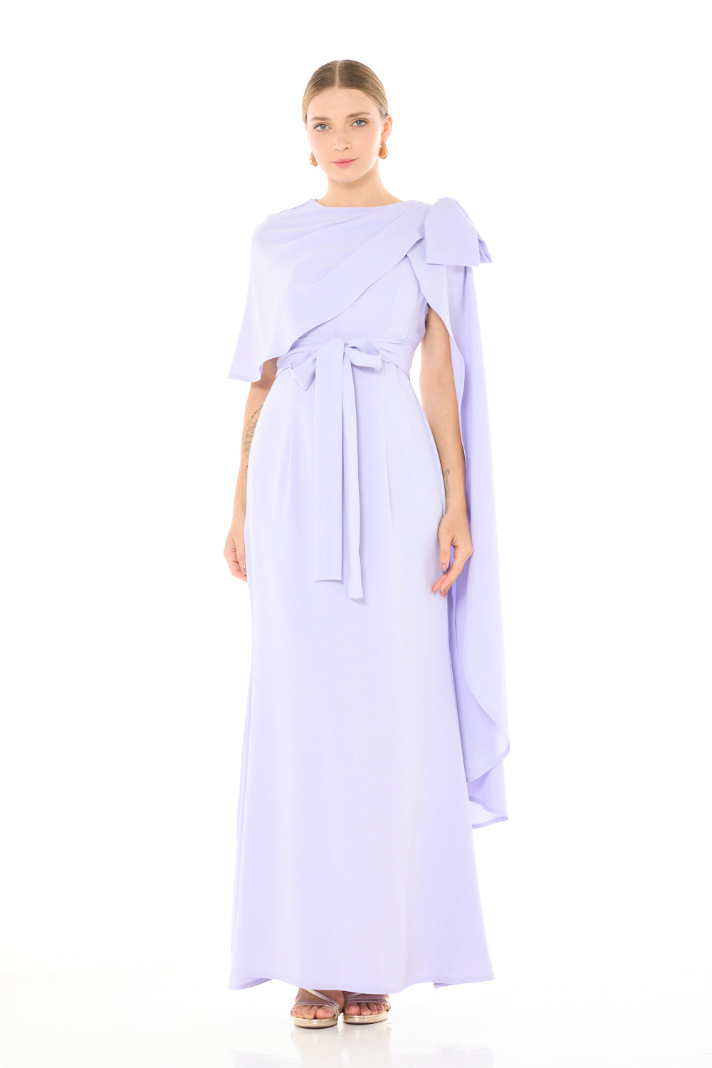 Sculpted Cape Overlay Evening Gown