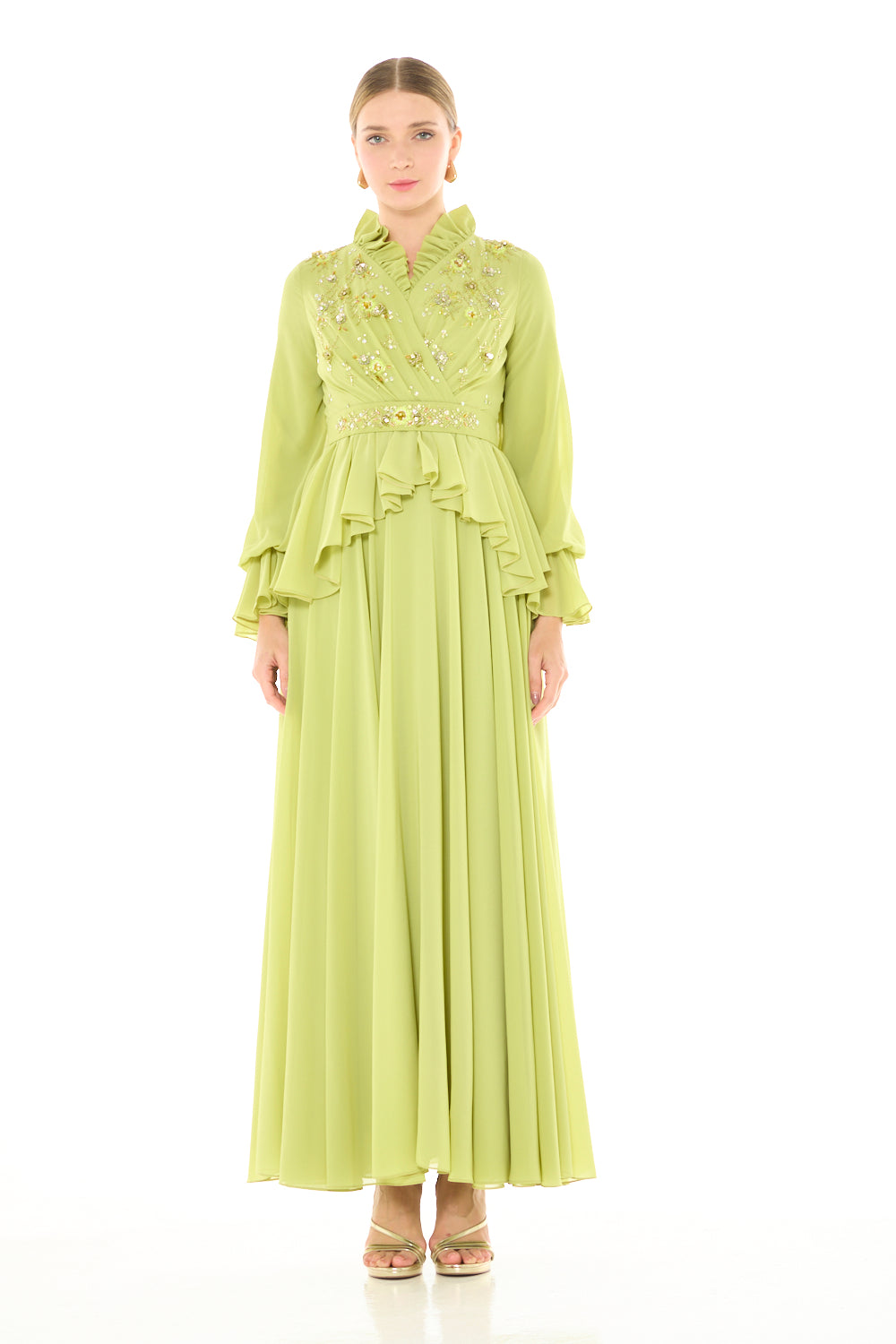 Ruffled Neck Embellished Wrap Gown