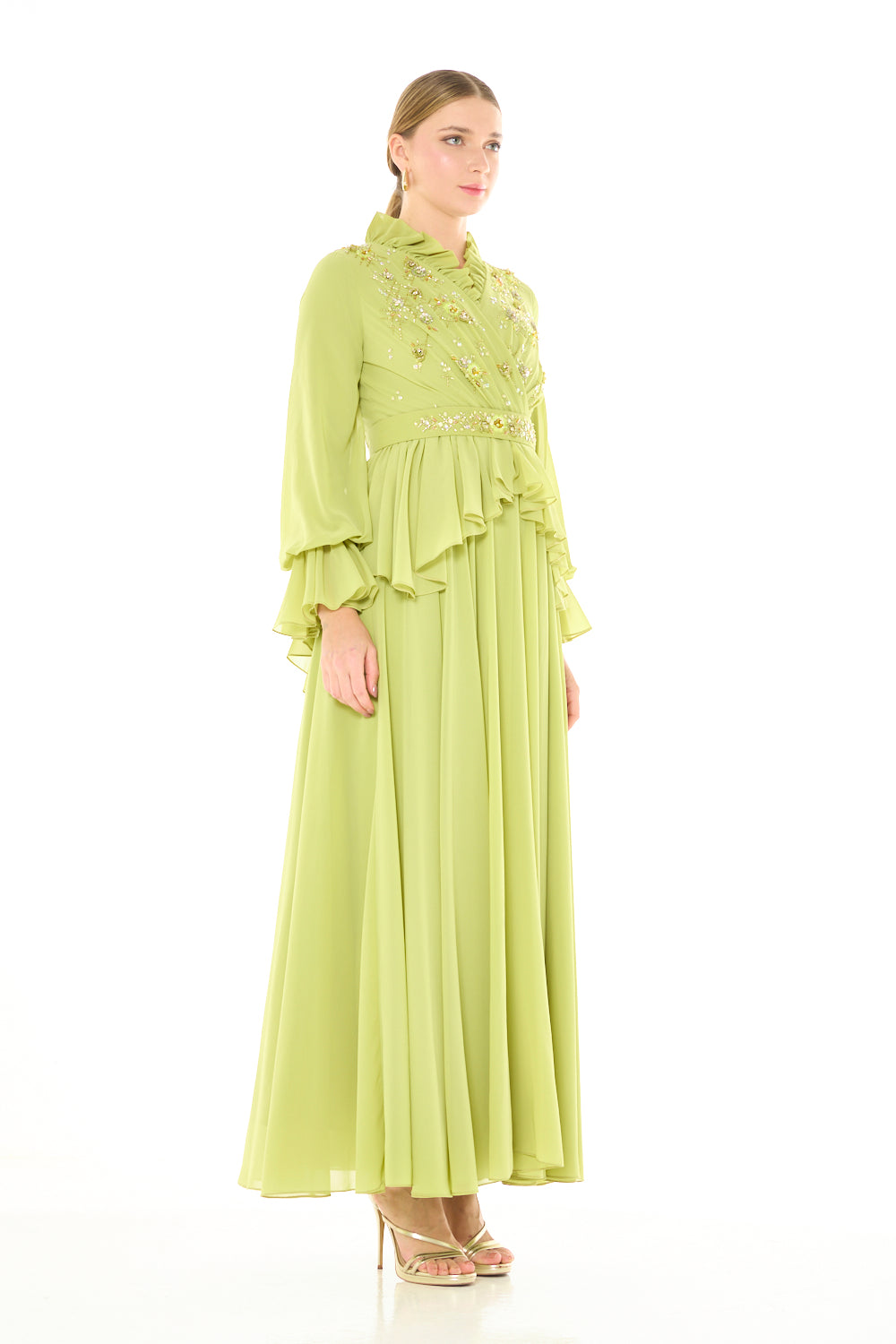 Ruffled Neck Embellished Wrap Gown