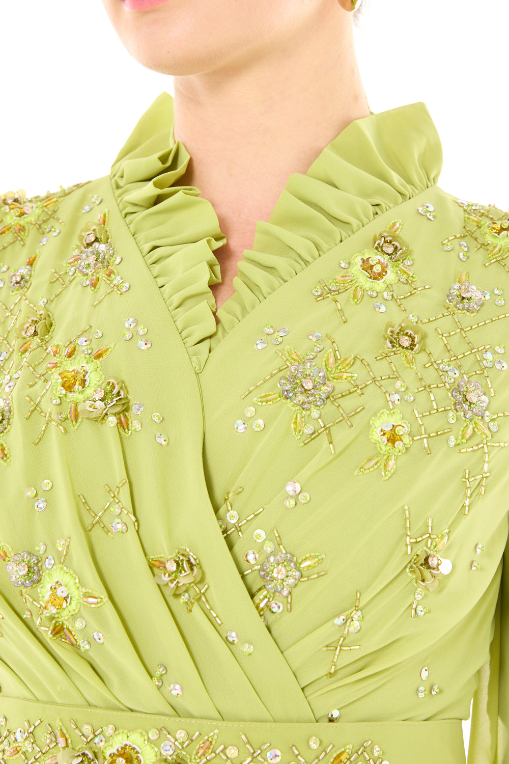 Ruffled Neck Embellished Wrap Gown