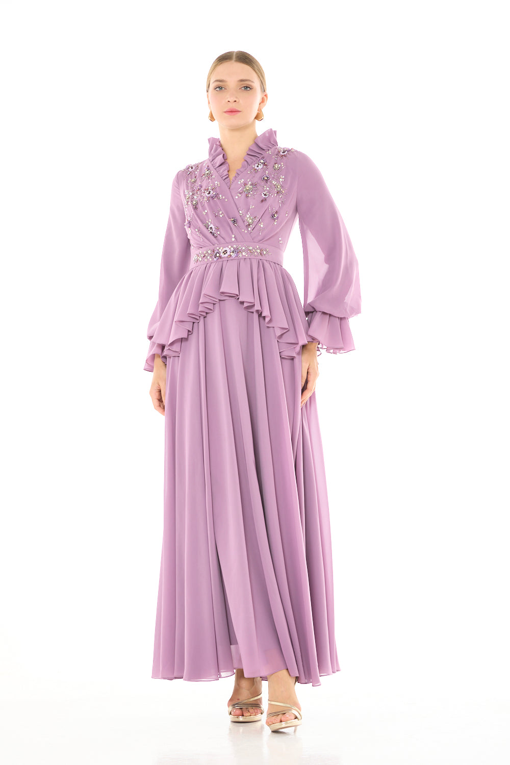 Ruffled Neck Embellished Wrap Gown