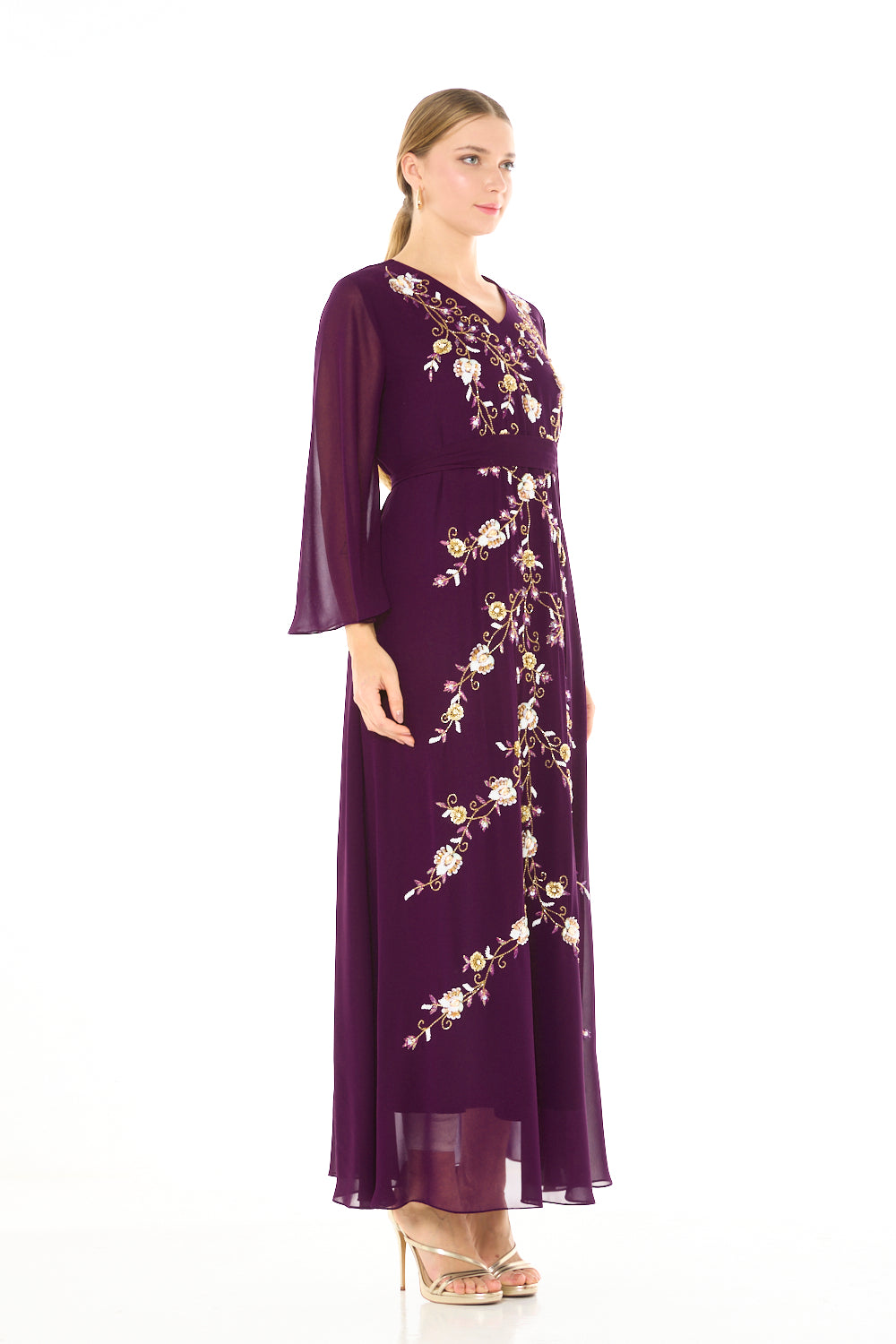 Floral Vine Embroidered Evening Gown