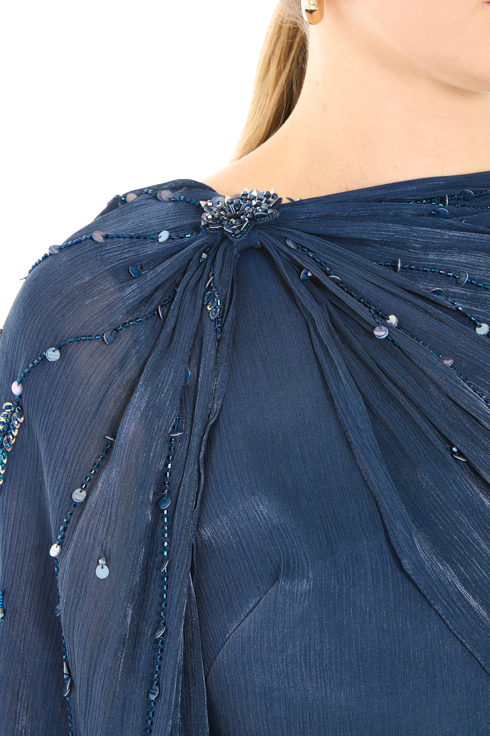 Embellished Draped Cape Gown