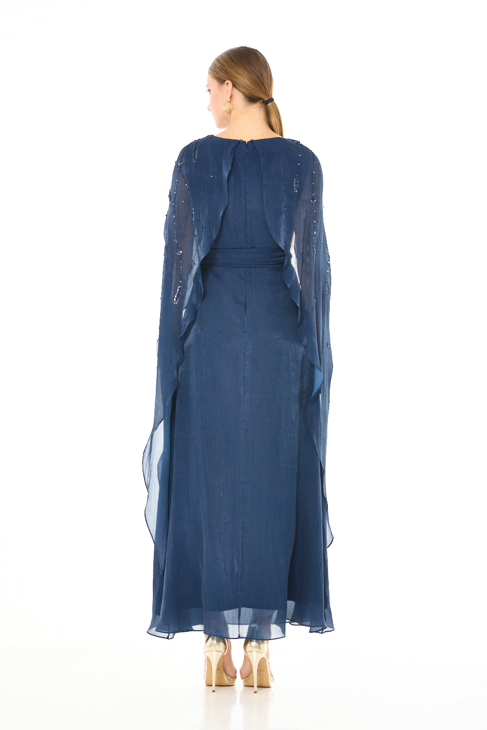 Embellished Draped Cape Gown