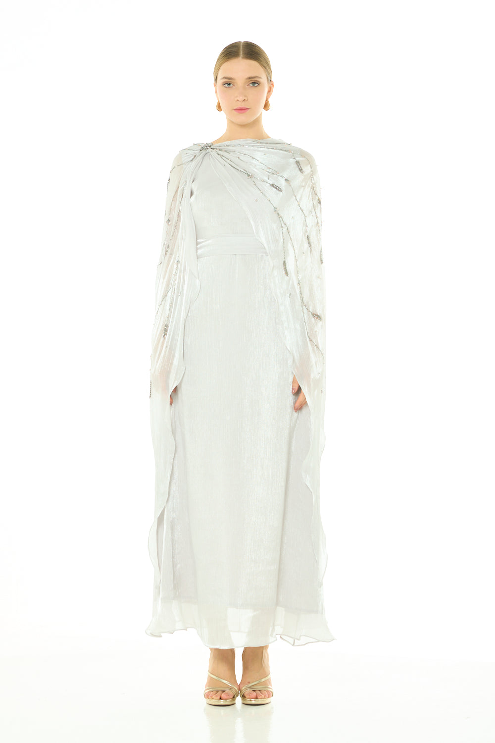 Embellished Draped Cape Gown