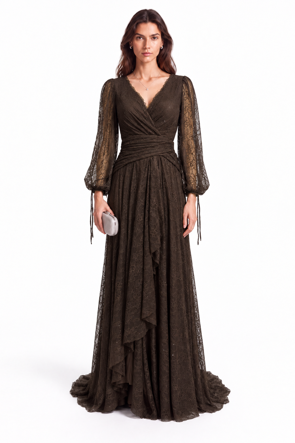 "Elara" Lace Wrap Gown with Draped Waist