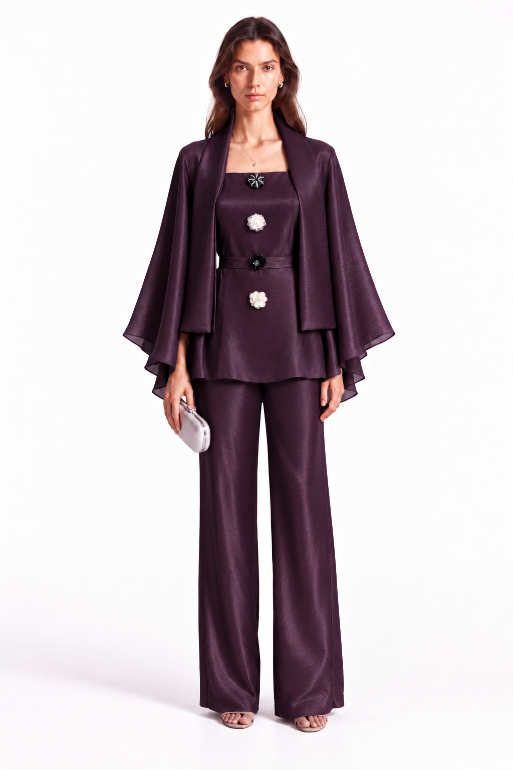 "Nina" Satin Square-Neck Cape Sleeve Style Set