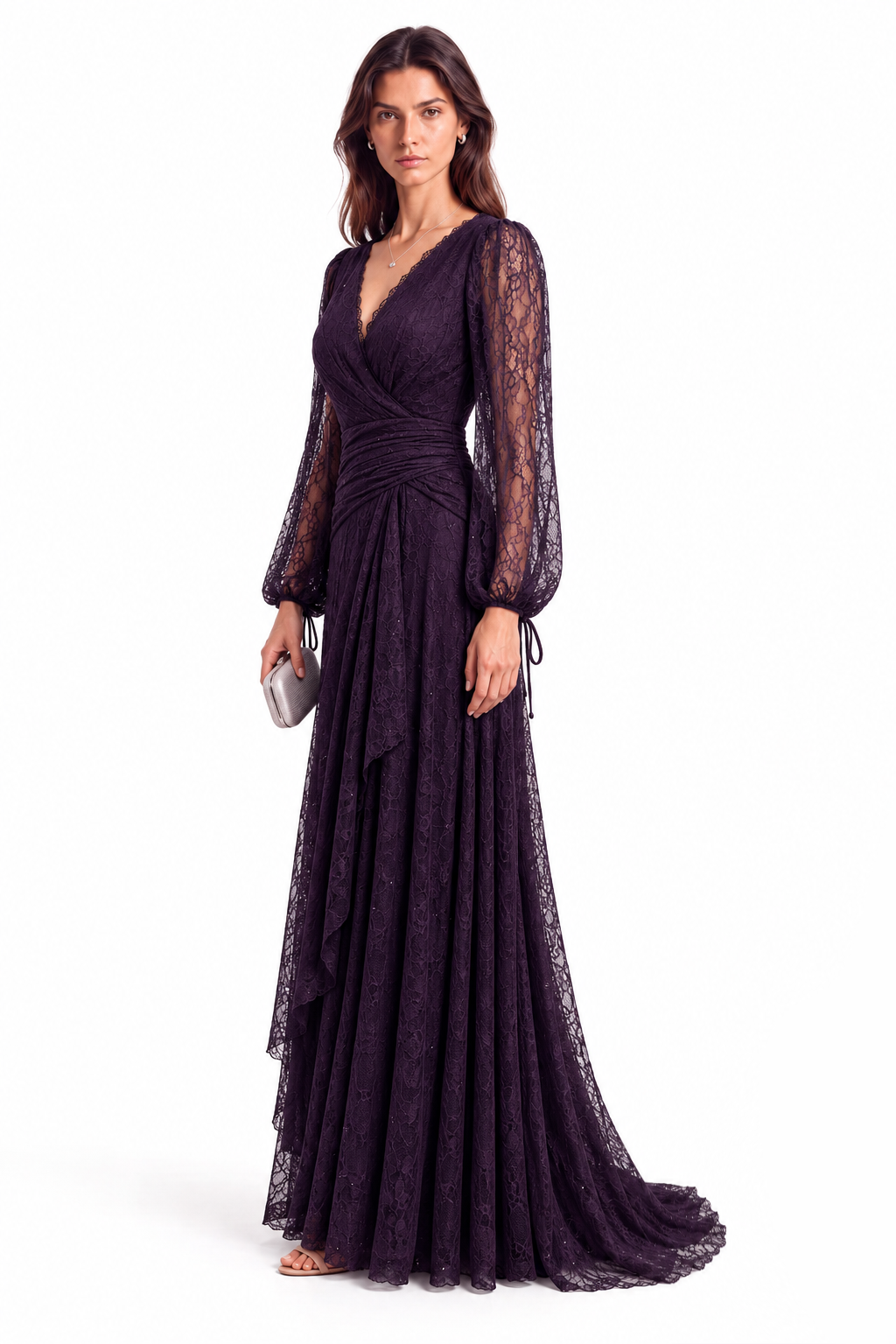 "Elara" Lace Wrap Gown with Draped Waist