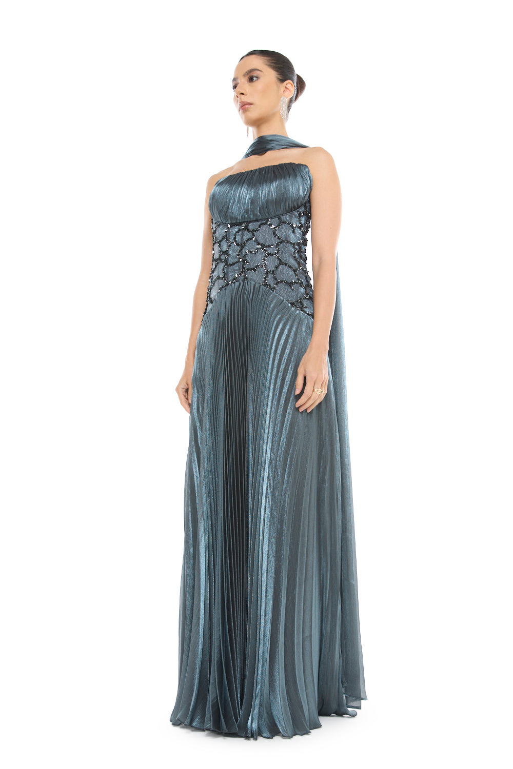 Pleated Halter Overlay Gown