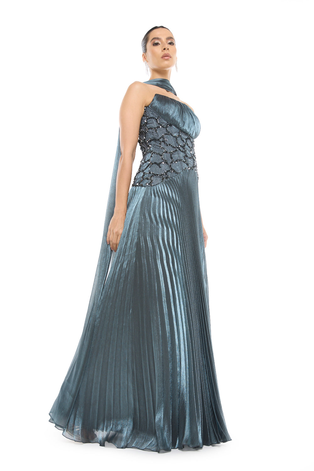 Pleated Halter Overlay Gown