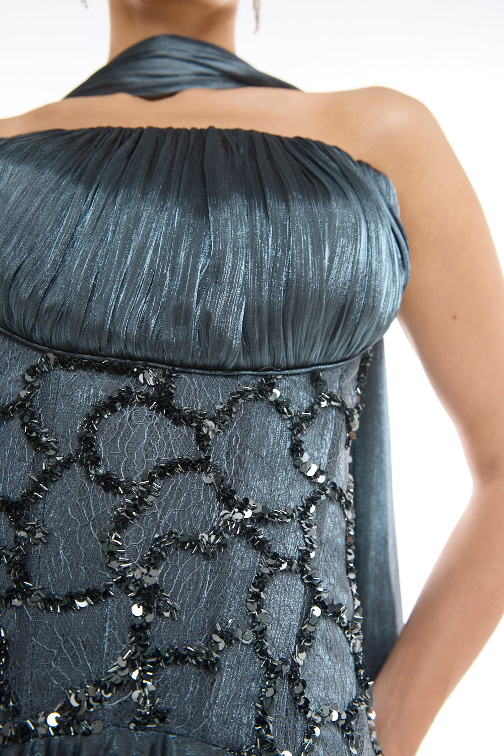 Pleated Halter Overlay Gown