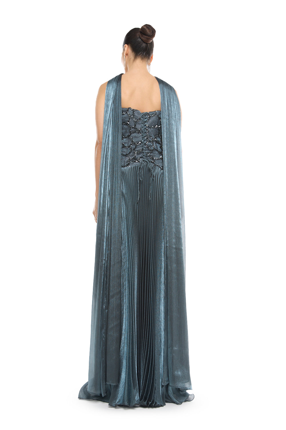 Pleated Halter Overlay Gown