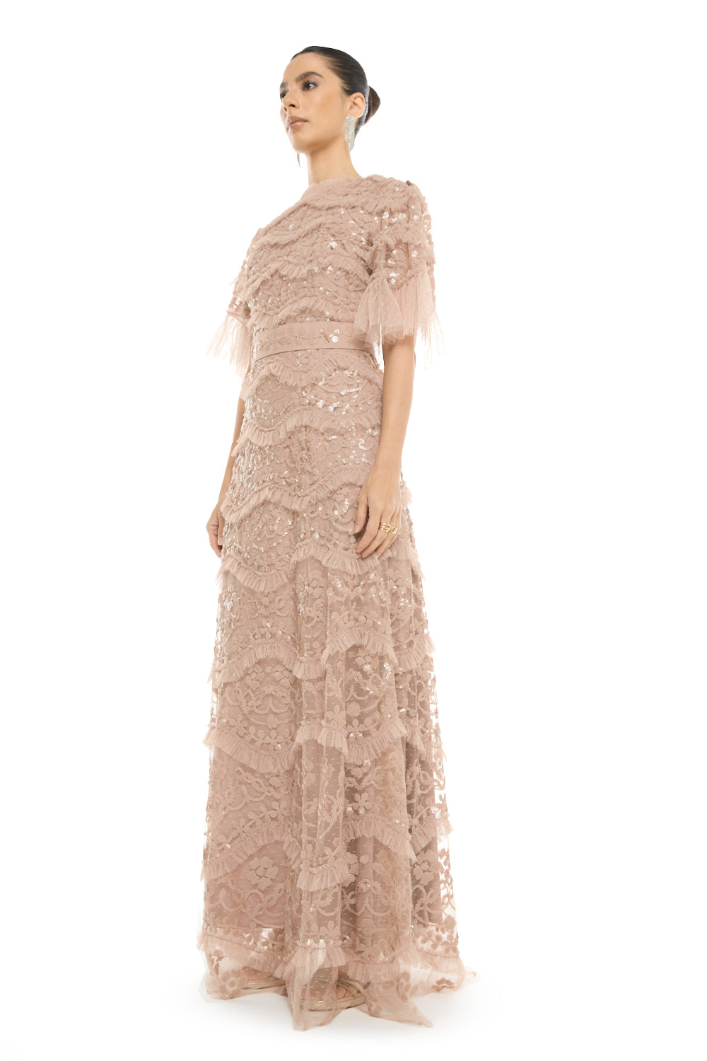Tiered Embellished Lace Gown