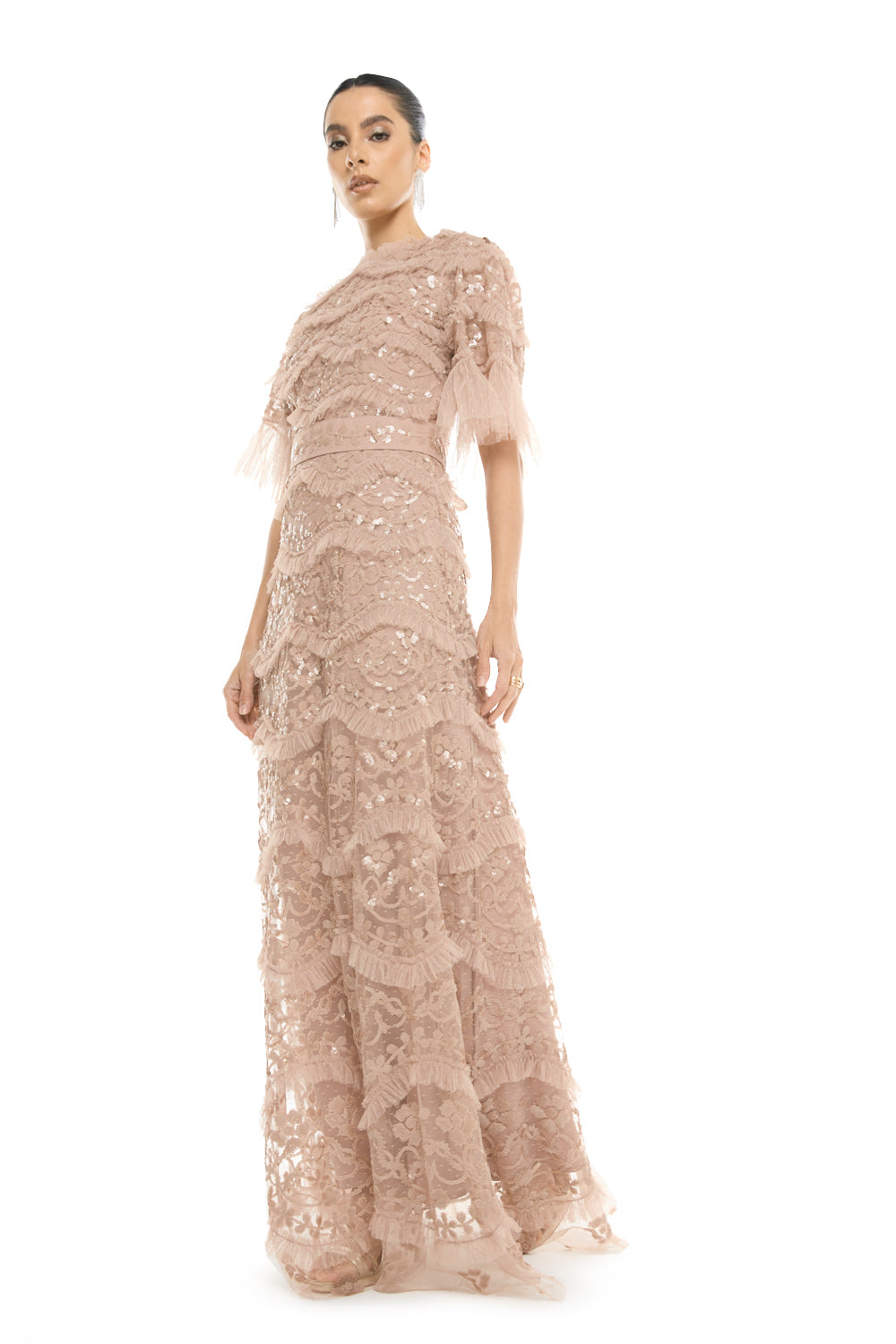 Tiered Embellished Lace Gown