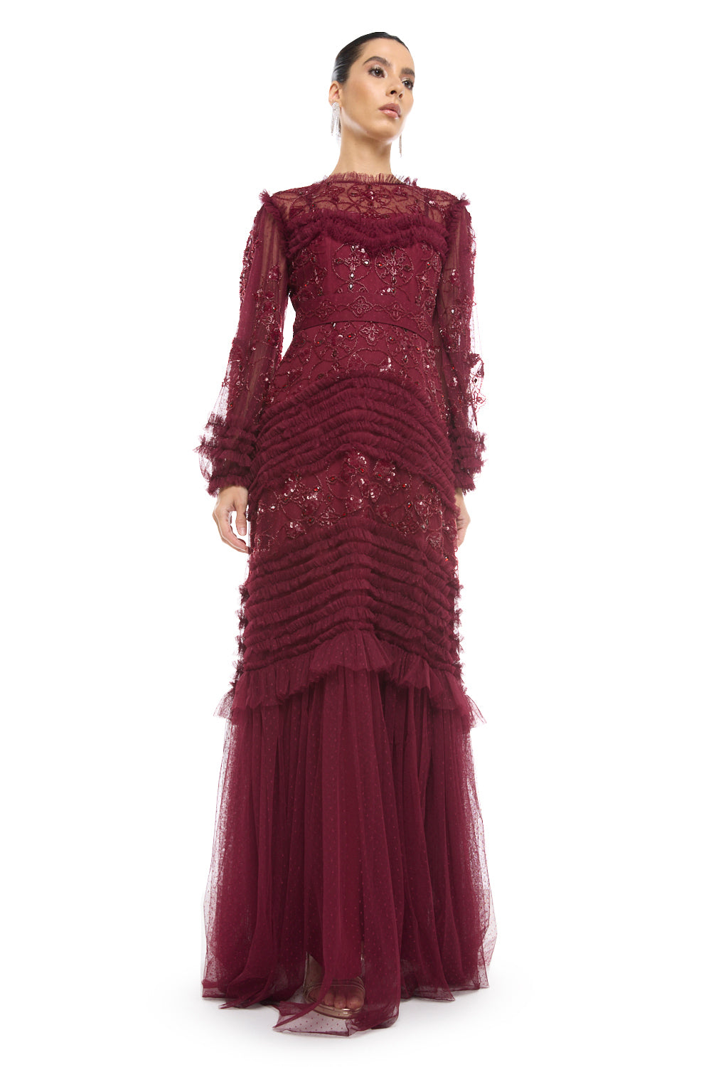 Tiered Embellished Mesh Gown