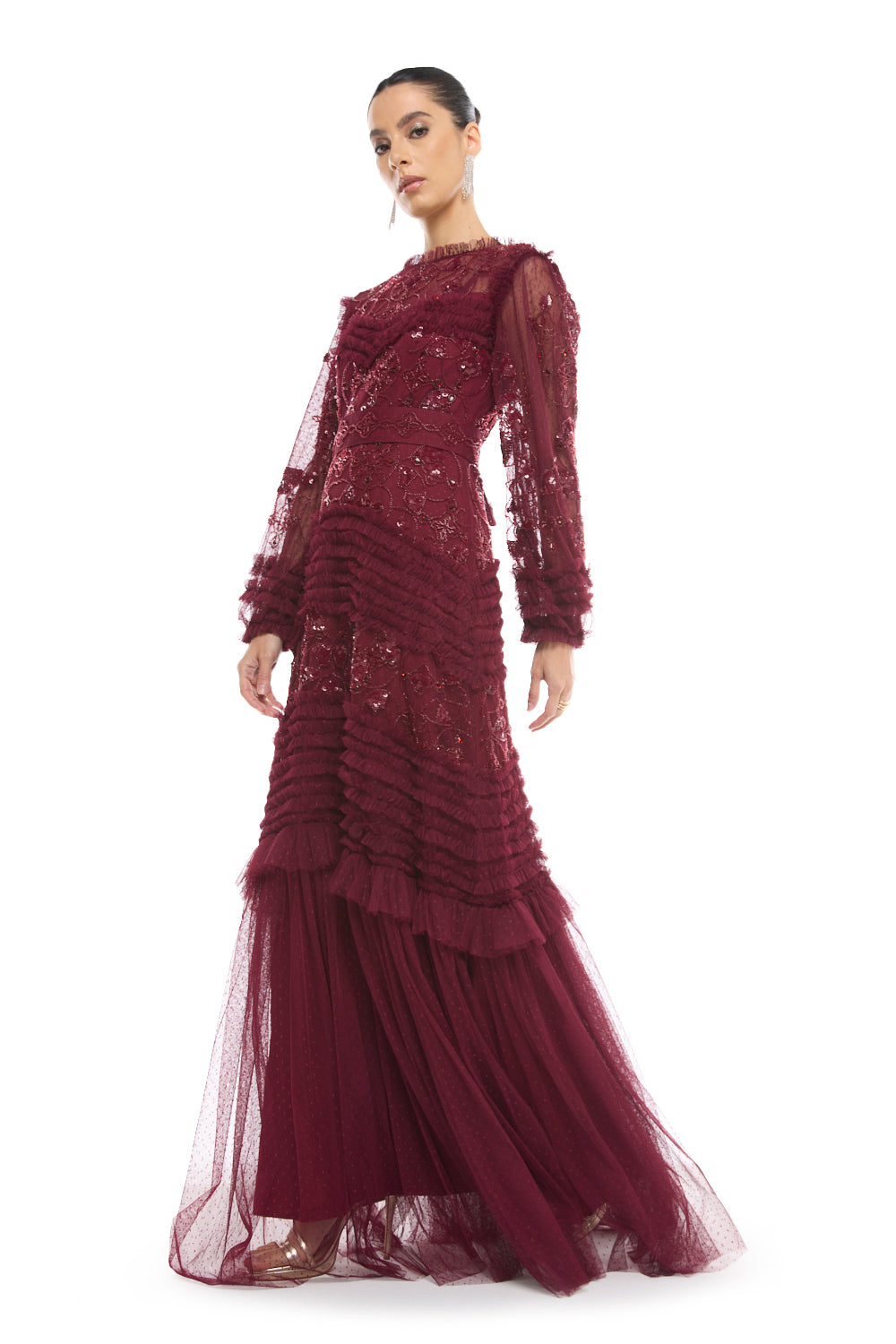 Tiered Embellished Mesh Gown