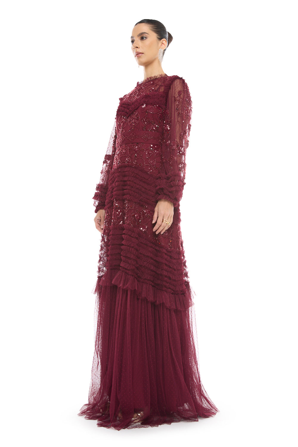 Tiered Embellished Mesh Gown